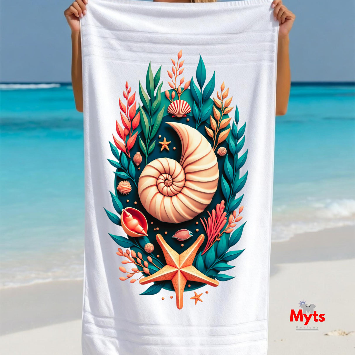 Coastal Seashell & Starfish Beach Towel