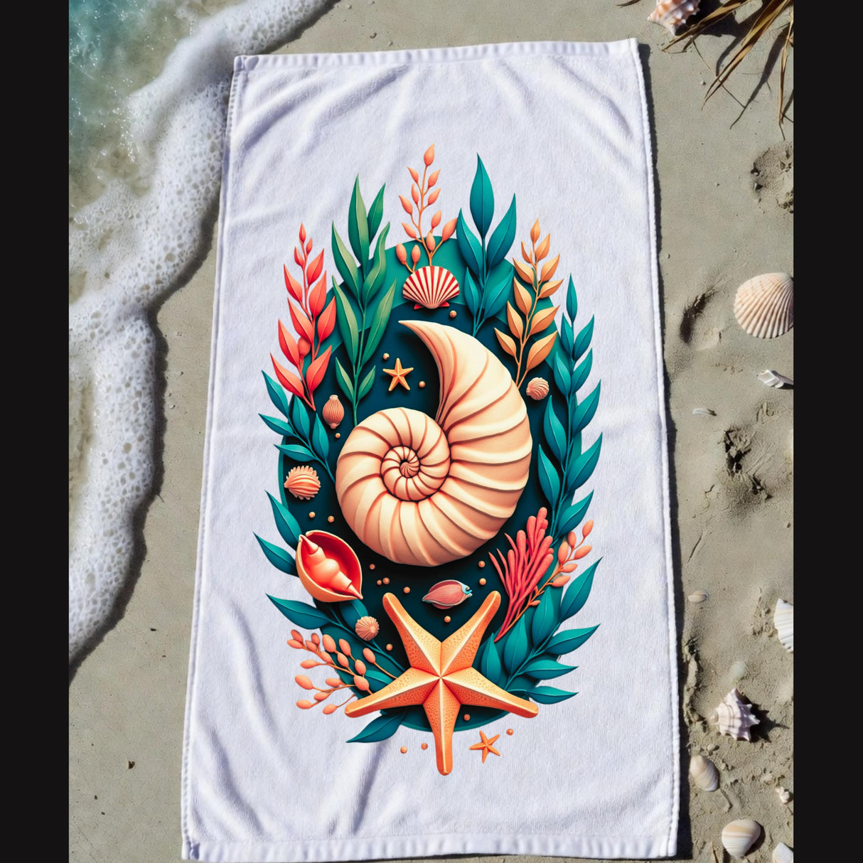 Coastal Seashell & Starfish Beach Towel