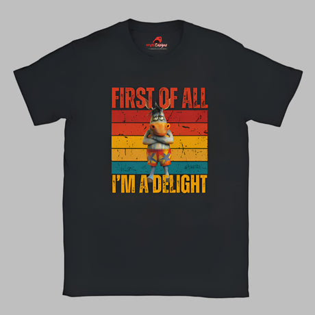 Casual tee displaying a retro-style donkey illustration with bold “First of All, I’m a Delight” vintage text, printed on ultra-soft Gildan 64000 cotton.

