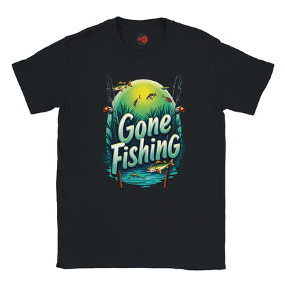 Black t-shirt with 'Gone Fishing' graphic design on a white background