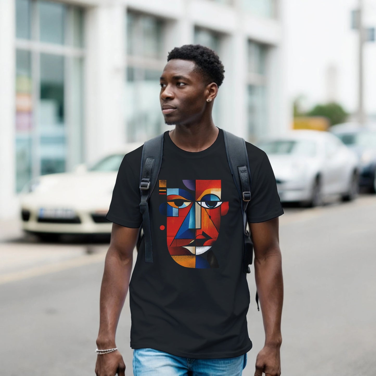 Man wearing a black t-shirt with a colorful face design on a street.