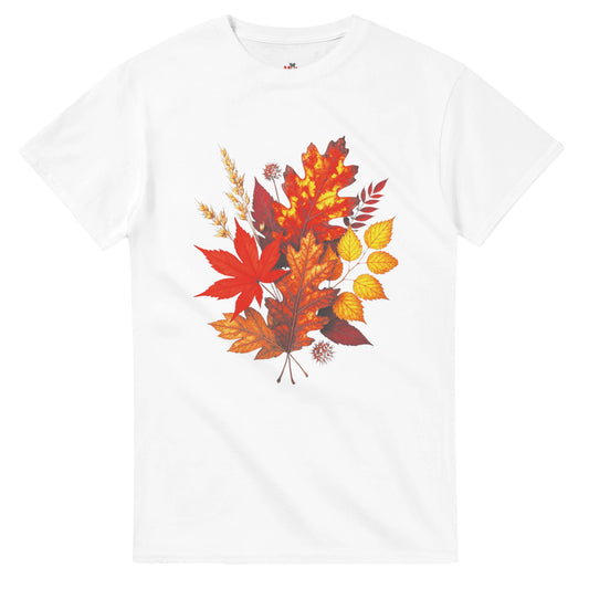White t-shirt with autumn leaf design on a white background