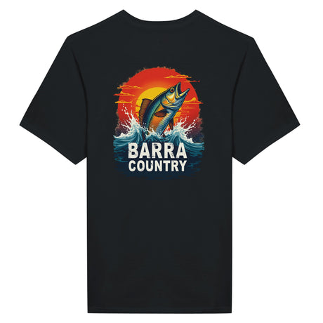 Black t-shirt with a fish graphic and 'Barra Country' text on a white background
