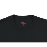 Black t-shirt with a visible brand logo on a white background