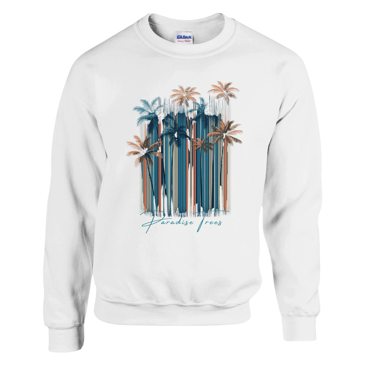 White sweatshirt with palm tree design and 'Paradise Found' text on a white background