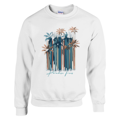 White sweatshirt with palm tree design and 'Paradise Found' text on a white background