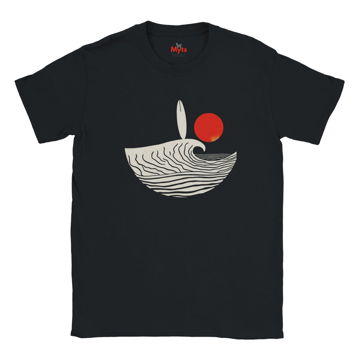 Black t-shirt with a graphic design of a wave, surfboard, and red circle on a white background.