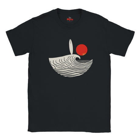 Black t-shirt with a graphic design of a wave, surfboard, and red circle on a white background.