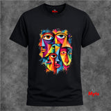 A black short-sleeve crewneck t-shirt featuring a colorful graphic print of multiple stylized faces in a geometric, paint-splattered style. The shirt is displayed against a textured gray background, with the red 'Myts' brand logo visible on the inner neck label and as a watermark in the bottom right corner.