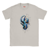 A natural crewneck t-shirt featuring a central graphic print of a stylized human face composed of blue, black, and white geometric shapes and lines. The brand name 'Myts' is printed in red inside the collar.