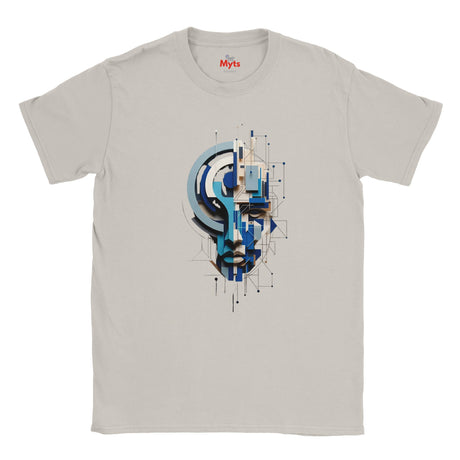 A natural crewneck t-shirt featuring a central graphic print of a stylized human face composed of blue, black, and white geometric shapes and lines. The brand name 'Myts' is printed in red inside the collar.