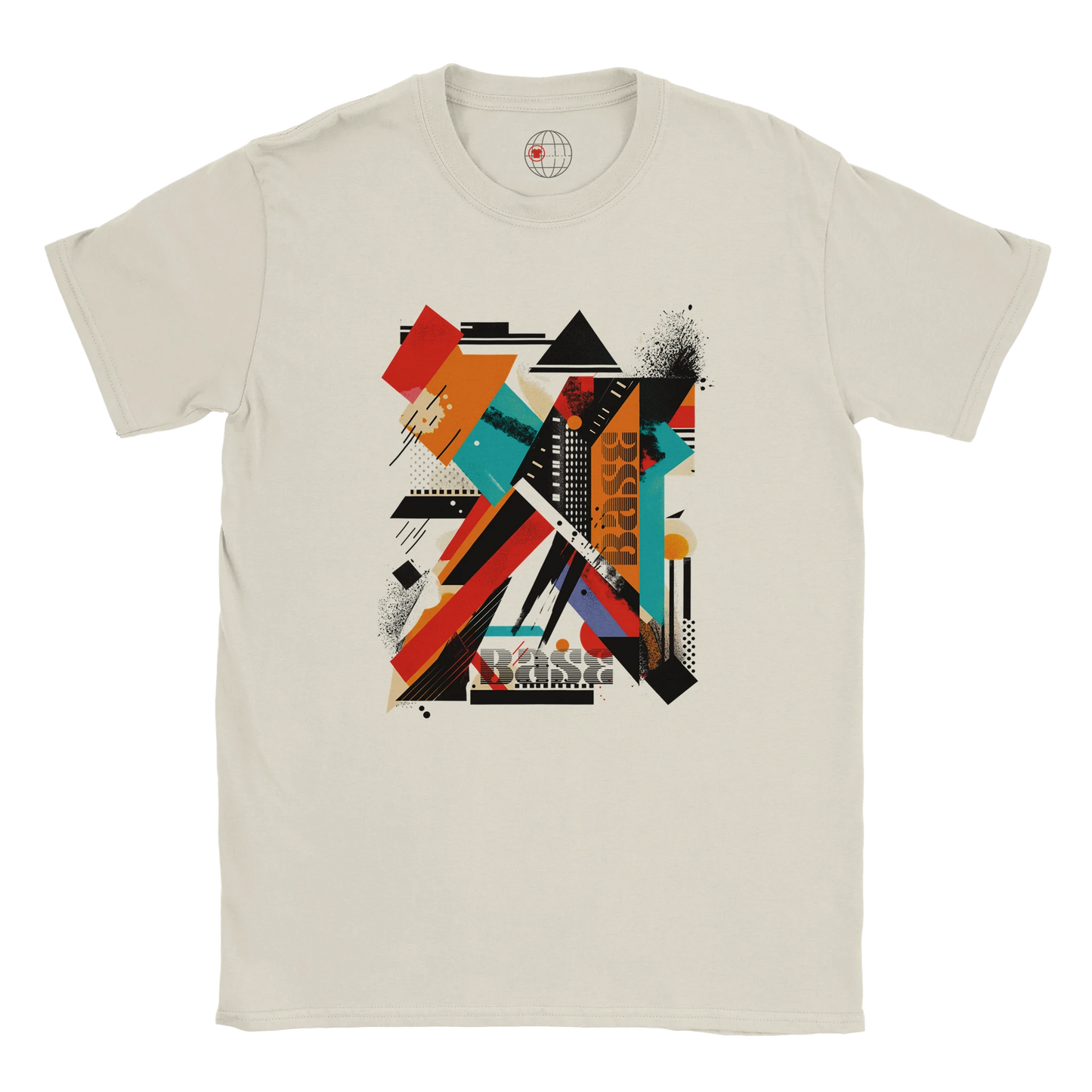 A white unisex crewneck t-shirt with a vibrant abstract geometric art graphic in the center.
