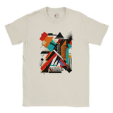 A white unisex crewneck t-shirt with a vibrant abstract geometric art graphic in the center.