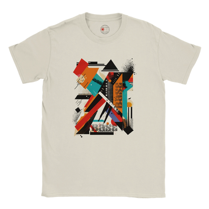 A white unisex crewneck t-shirt with a vibrant abstract geometric art graphic in the center.