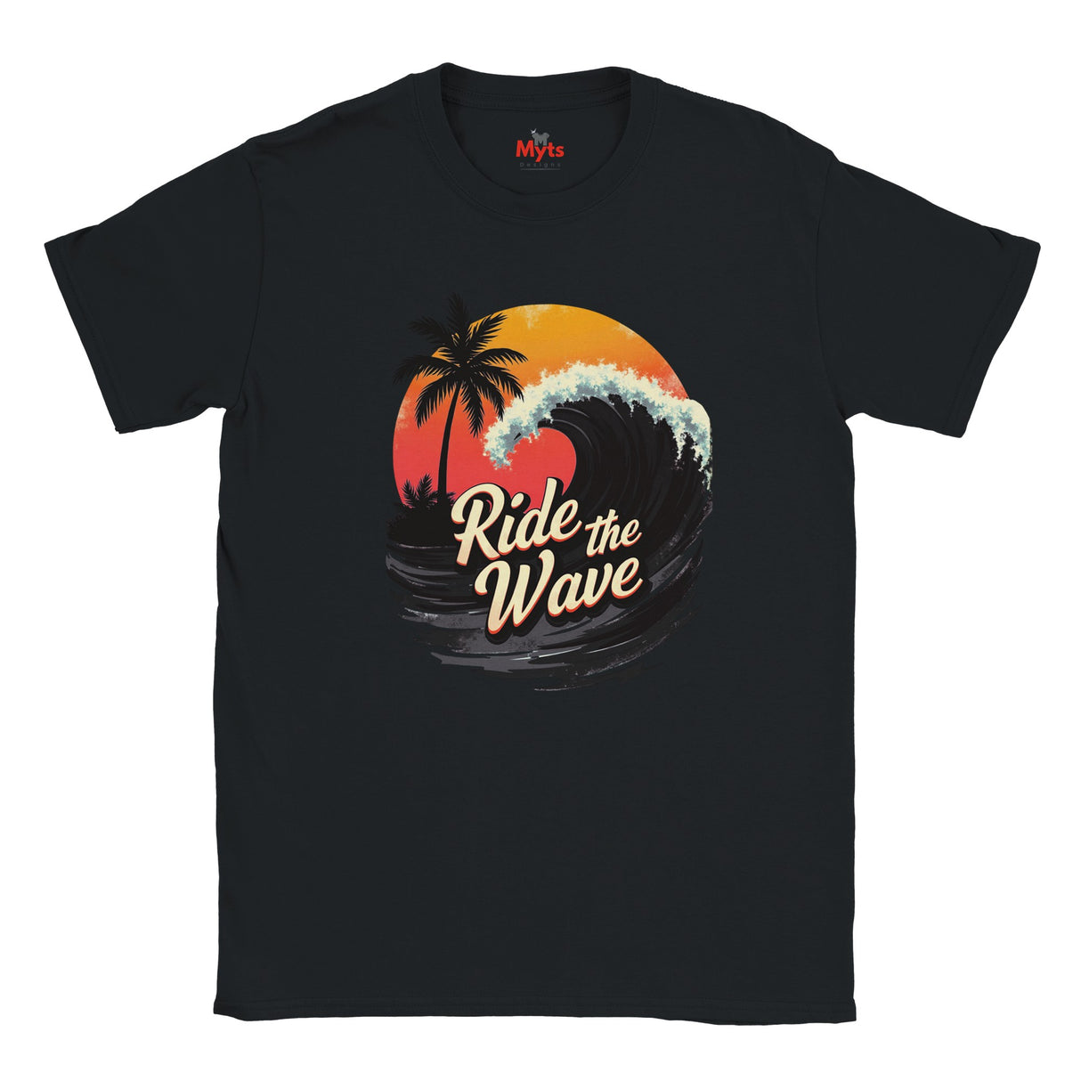 Black t-shirt with 'Ride the Wave' graphic design featuring a sunset and palm trees on a white background.