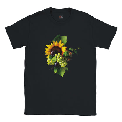 Black t-shirt with a sunflower and fruit design on a white background