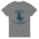 Gray t-shirt with a donkey graphic and text on a white background