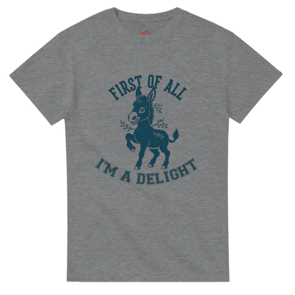 Gray t-shirt with a donkey graphic and text on a white background