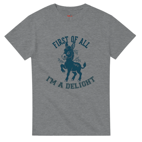 Gray t-shirt with a donkey graphic and text on a white background