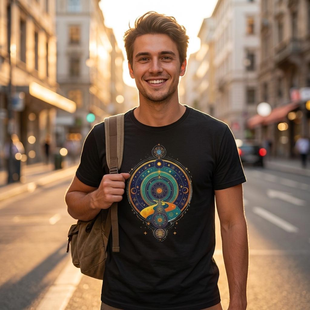 Man wearing a black t-shirt with a colorful design on a city street