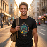 Man wearing a black t-shirt with a colorful design on a city street