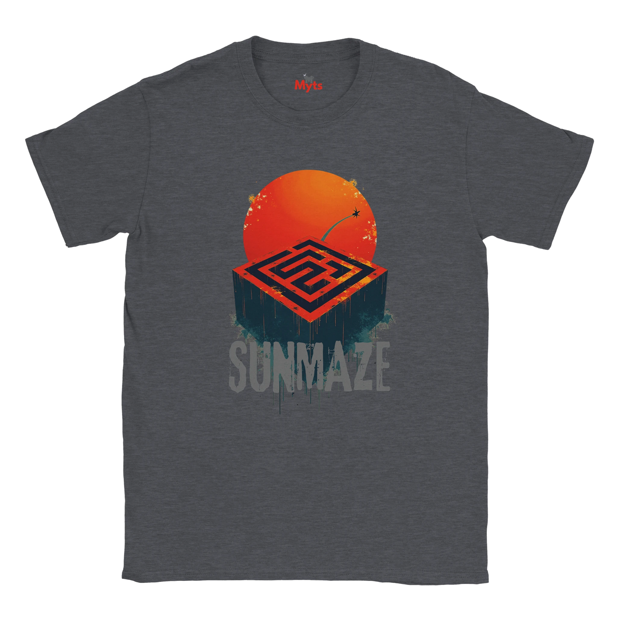 Dark Heather t-shirt with a red sun and maze design on a white background