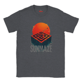 Dark Heather t-shirt with a red sun and maze design on a white background