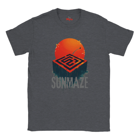 Dark Heather t-shirt with a red sun and maze design on a white background