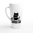 A white ceramic latte mug with a black graphic of a cat sitting in a coffee cup and the text 'Copy Coffee Cat' printed on the front, set against a plain white background.