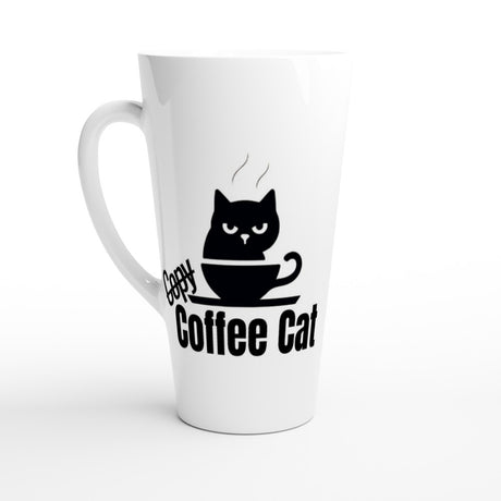 A white ceramic latte mug with a black graphic of a cat sitting in a coffee cup and the text 'Copy Coffee Cat' printed on the front, set against a plain white background.