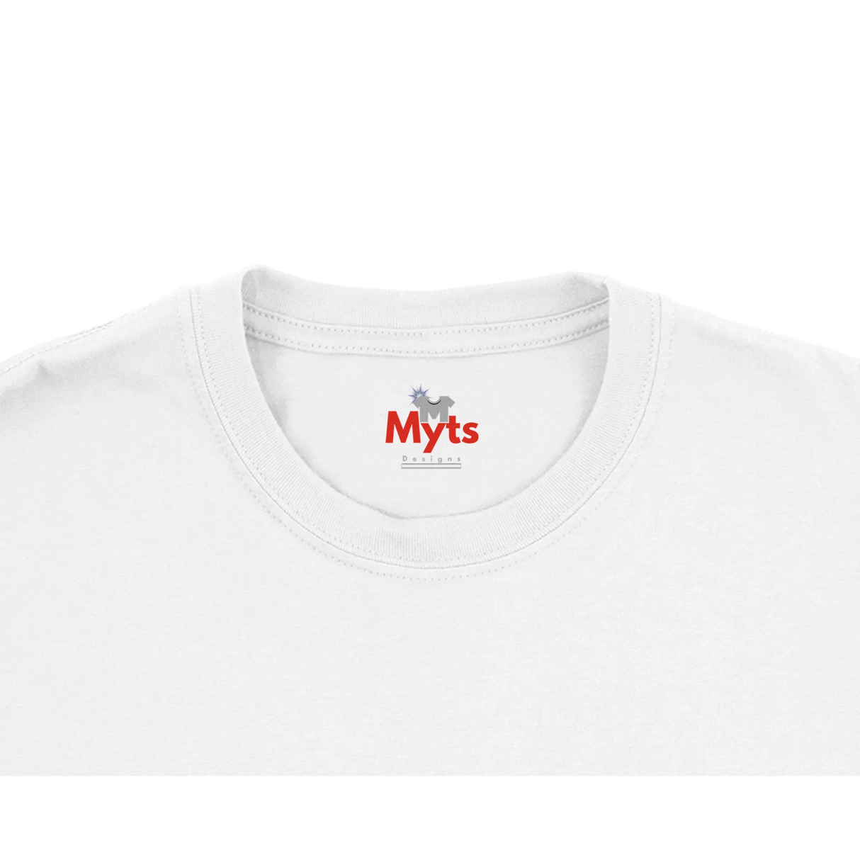 Close-up of a white t-shirt with 'Myts' logo on a white background