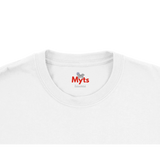 Close-up of a white t-shirt with 'Myts' logo on a white background