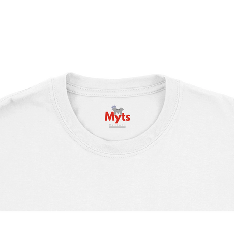 Close-up of a white t-shirt with 'Myts' logo on a white background