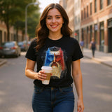 Woman wearing a black t-shirt with a colorful graphic design, holding a coffee cup on a city street.