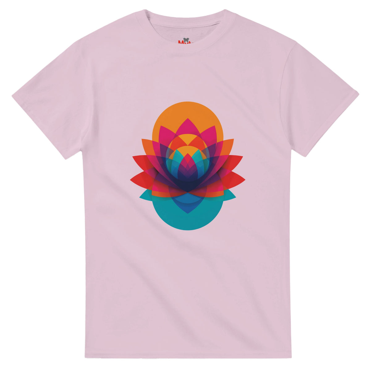 Pink t-shirt with a colorful geometric flower design on a white background