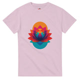 Pink t-shirt with a colorful geometric flower design on a white background