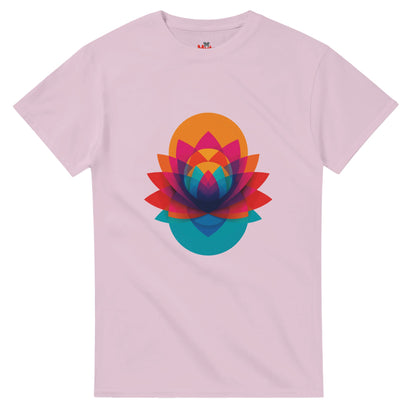 Pink t-shirt with a colorful geometric flower design on a white background