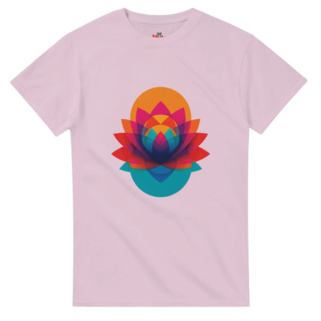 Pink t-shirt with a colorful geometric flower design on a white background