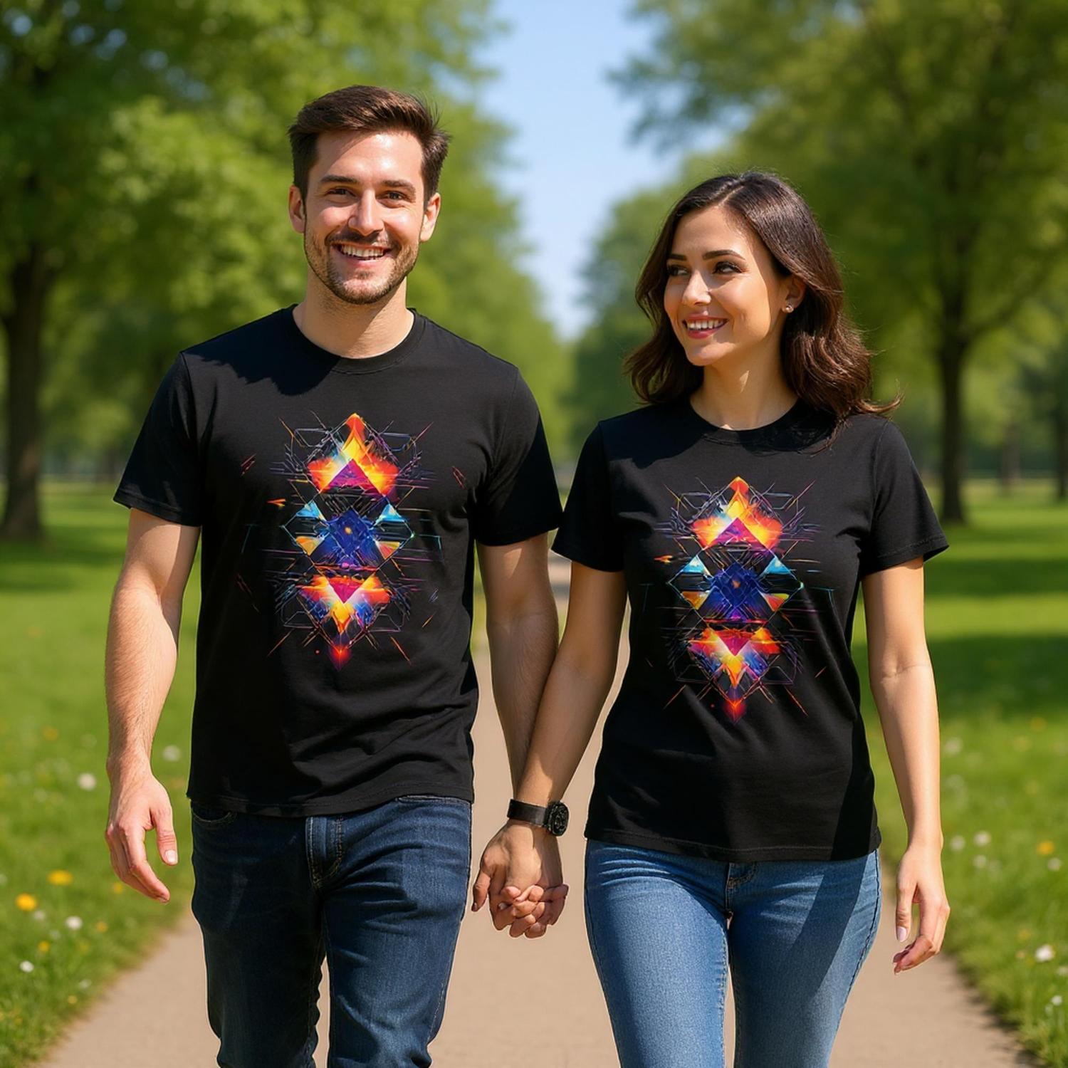 Two people walking outdoors wearing black t-shirts with colorful geometric designs.