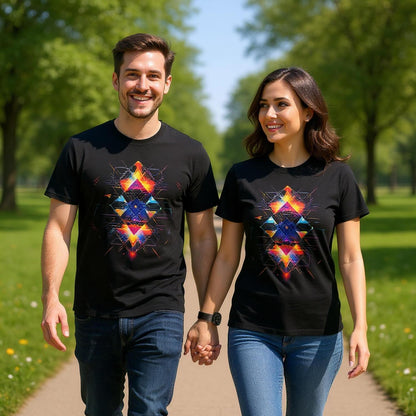 Two people walking outdoors wearing black t-shirts with colorful geometric designs.