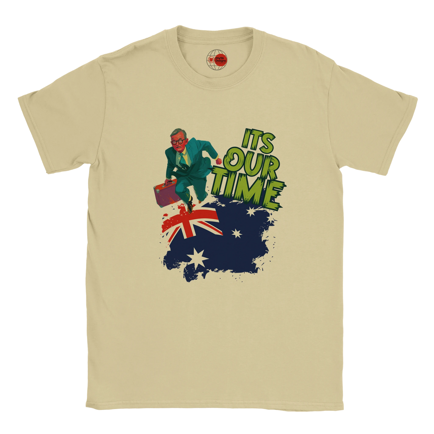 Netural t-shirt with graphic design of a person, Australian flag, and text 'It's Our Time' on a white background