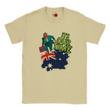 Netural t-shirt with graphic design of a person, Australian flag, and text 'It's Our Time' on a white background