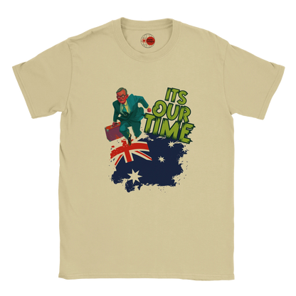Netural t-shirt with graphic design of a person, Australian flag, and text 'It's Our Time' on a white background