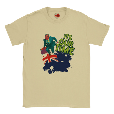 Netural t-shirt with graphic design of a person, Australian flag, and text 'It's Our Time' on a white background