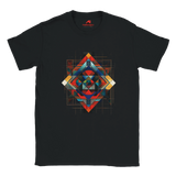 Black unisex T-shirt featuring an intricate symmetrical geometric pattern in vibrant blues, oranges, reds, and metallic tones, tribal and modern art fusion design by MytsDesigns.com