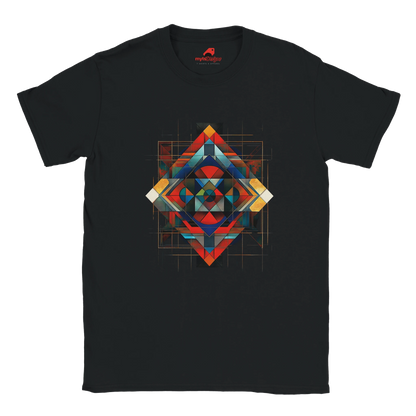 Black unisex T-shirt featuring an intricate symmetrical geometric pattern in vibrant blues, oranges, reds, and metallic tones, tribal and modern art fusion design by MytsDesigns.com
