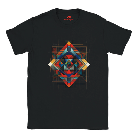 Black unisex T-shirt featuring an intricate symmetrical geometric pattern in vibrant blues, oranges, reds, and metallic tones, tribal and modern art fusion design by MytsDesigns.com