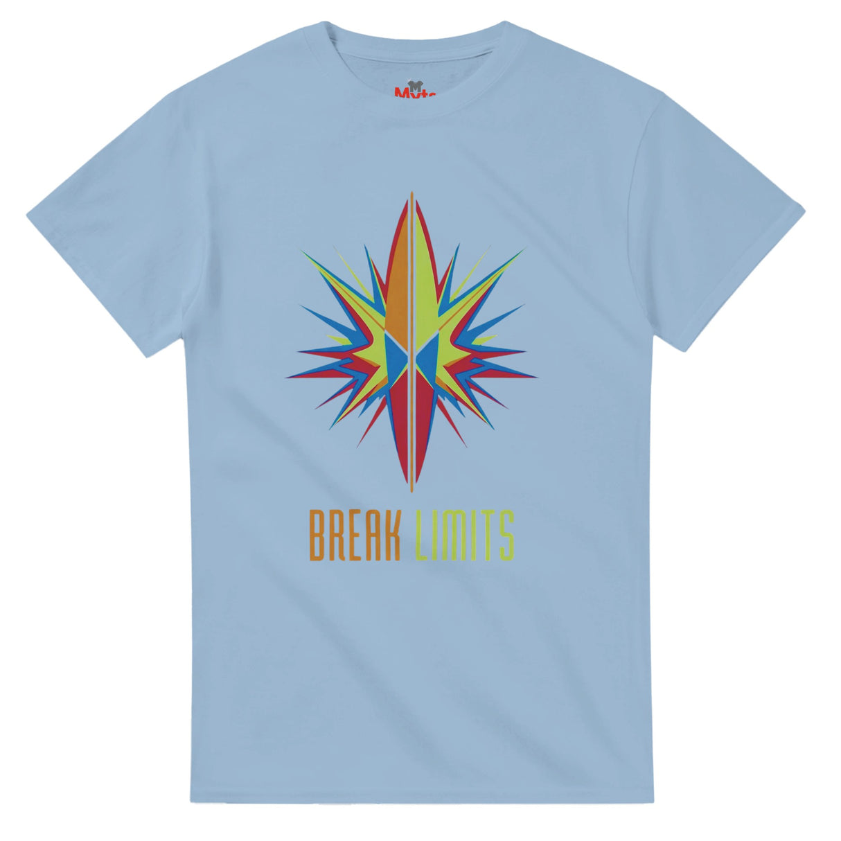 Light blue t-shirt with a colorful star design and 'BREAK LIMITS' text on a white background