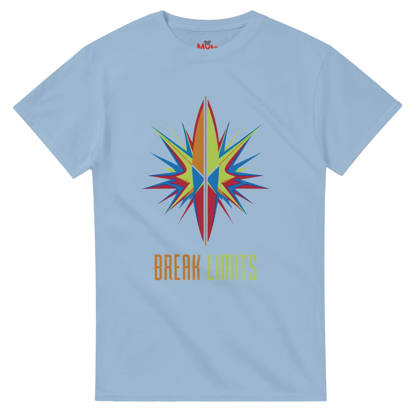 Light blue t-shirt with a colorful star design and 'BREAK LIMITS' text on a white background