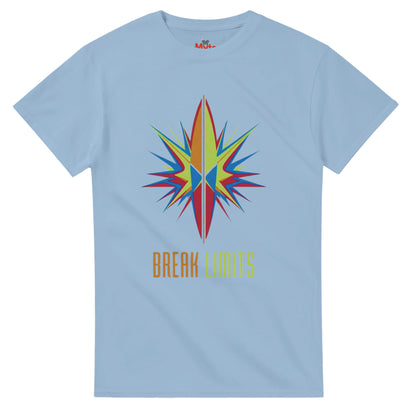 Light blue t-shirt with a colorful star design and 'BREAK LIMITS' text on a white background